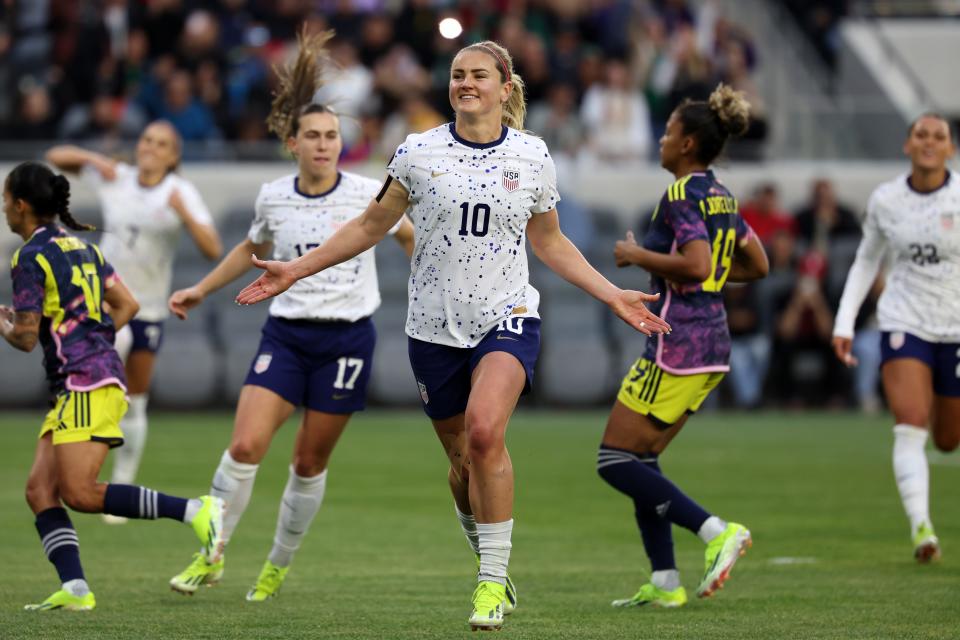 Lindsey Horan (10) reacts after scoring a goal on a penalty kick against Colombia during the Concacaf W Gold Cup quarterfinal at BMO Stadium in Los Angeles.