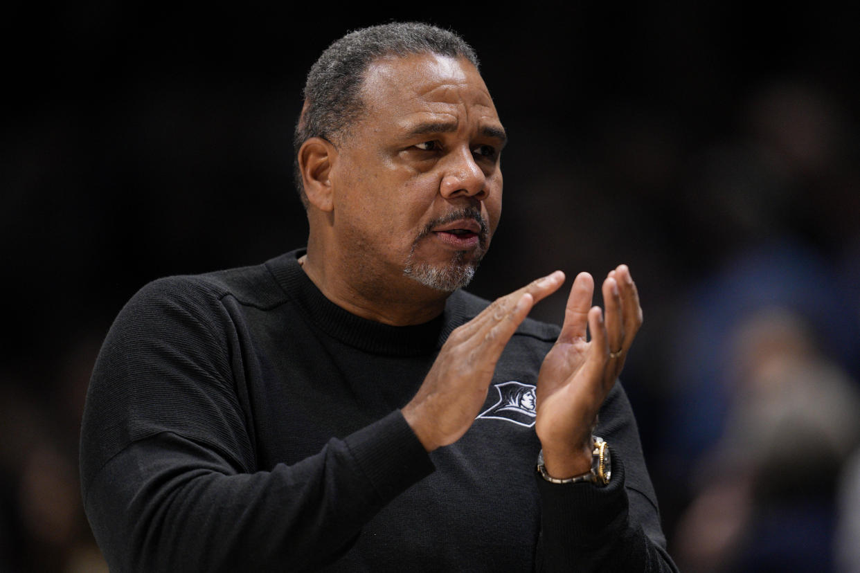 Providence head coach Ed Cooley reacts during the first half of an NCAA college basketball game against Xavier, Wednesday, Feb. 1, 2023, in Cincinnati. (AP Photo/Jeff Dean)