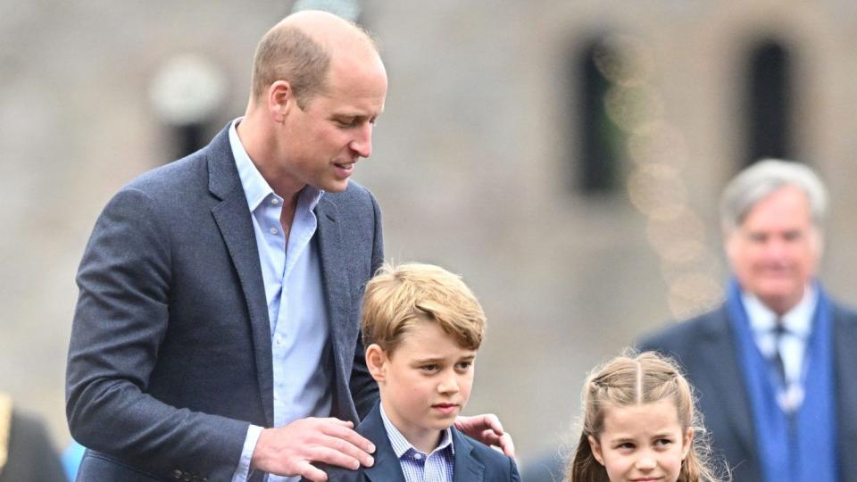 Princess Charlotte of Cambridge, Prince George of Cambridge and Prince William, Duke of Cambridge depart after a visit of Cardiff Castle