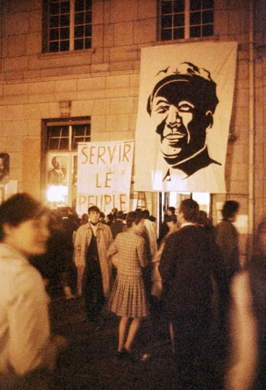 Students at the occupied Sorbonne University in May 1968, in front of a portrait of Chinese communist leader Mao Zedong