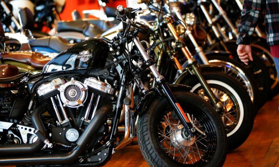 Harley-Davidson motorcycles for sale at a showroom in London.