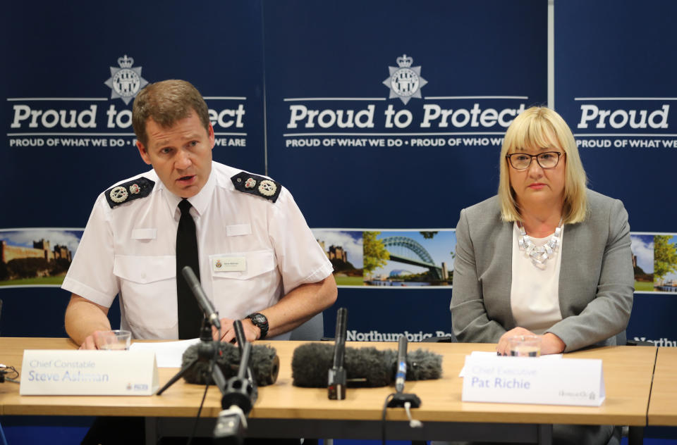 Northumbria Police Chief Constable Steve Ashman and Pat Ritchie, chief executive of Newcastle City Council, during a press conference in Newcastle. (PA)