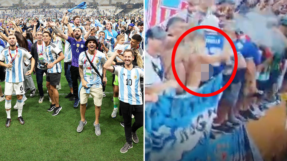 One female Argentinian fan was spotted celebrating with her shirt off in the stands in Qatar. Pic: Getty/Twitter