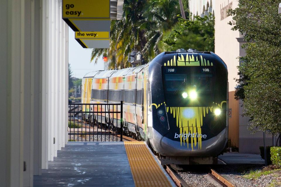 A northbound train arrives at the Brightline station in downtown West Palm Beach as the passenger  service resumed between Miami and West Palm Beach Monday, November 8, 2021 after it was suspended in March 2020 because of the pandemic. 