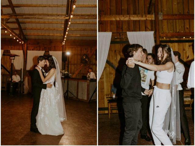 A couple who changed into sweatsuits at their wedding reception