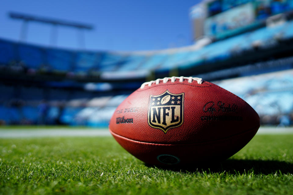 CHARLOTTE, NORTH CAROLINA - NOVEMBER 03: A football with the NFL logo before the game between the Carolina Panthers and the Tennessee Titans at Bank of America Stadium on November 03, 2019 in Charlotte, North Carolina. (Photo by Jacob Kupferman/Getty Images)