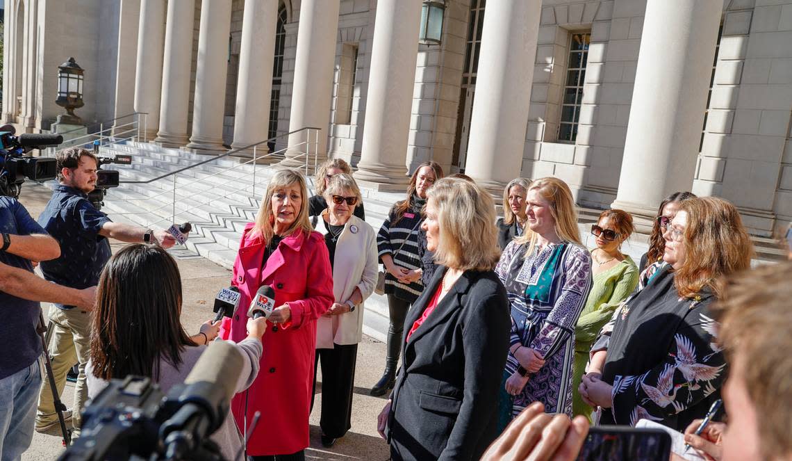Vicki Ringer, with Planned Parenthood, speaks on the Supreme Court Steps after the South Carolina Supreme Court ruled the six-week abortion ban unconstitutional on Thursday, Jan. 5, 2023.