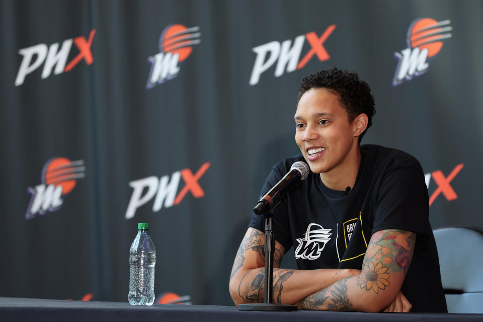 Brittney Griner of the Phoenix Mercury speaks during a news conference at Footprint Center in Phoenix on April 27, 2023. (Christian Petersen/Getty Images)