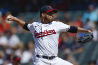 Cleveland Guardians starting pitcher Aaron Civale delivers against the Detroit Tigers during the first inning in the first baseball game of a doubleheader, Monday, Aug. 15, 2022, in Cleveland. (AP Photo/Ron Schwane)