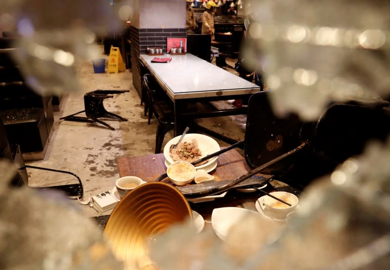 Interior of a restaurant vandalised during an anti-government demonstration is pictured in Hong Kong