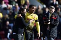 Britain Football Soccer - Watford v Aston Villa - Barclays Premier League - Vicarage Road - 30/4/16 Watford manager Quique Sanchez Flores and Troy Deeney celebrate after the game Reuters / Toby Melville Livepic