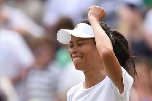 Taiwan's Hsieh Su-Wei celebrates her Wimbledon stunner against Simona Halep