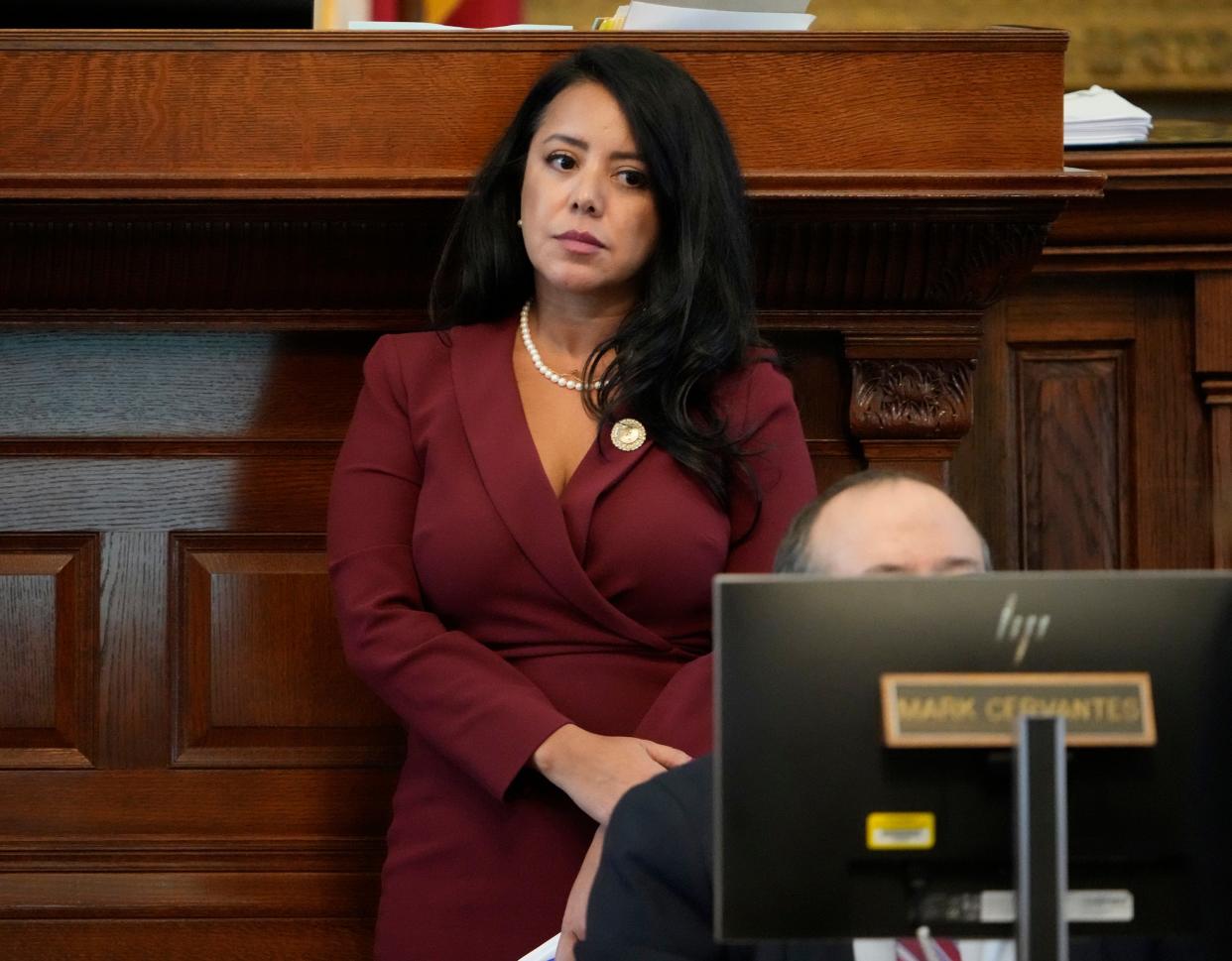 Rep. Victoria Neave Criado, D - Dallas, listens during the debate of SB4, which seeks to increase the mandatory minimum sentence for human smuggling and operating a stash house to 10 years prison, at the Capitol on Wednesday October 25, 2023.