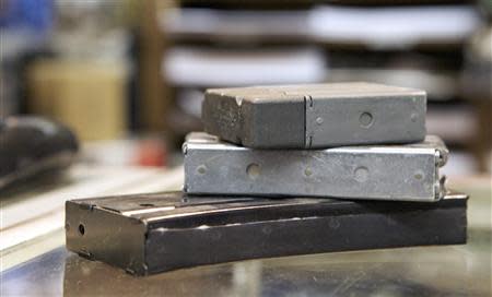 AR-15-type rifle magazines, (top to bottom) 10-round, 20-round and 30-round, displayed at Chris' Indoor Shooting Range in Guilford, Connecticut in this file photo taken April 2, 2013. REUTERS/ Michelle McLoughlin/Files