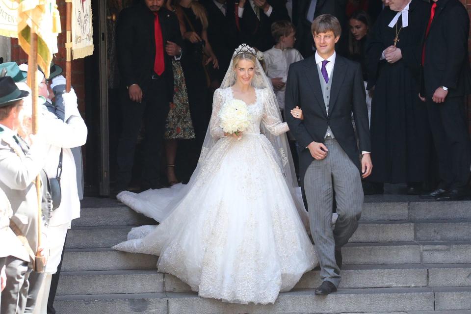 <p>Russian fashion designer Princess Ekaterina married Crown Prince Ernst of Hanover in an intricately beaded Chantilly lace and tulle gown by Sandra Mansour. </p>