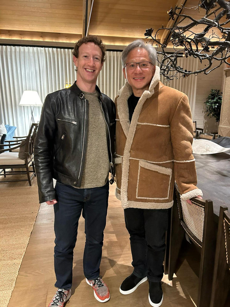 Meta's Mark Zuckerberg and Nvidia's Jensen Huang in a fashion-swap photo in March.