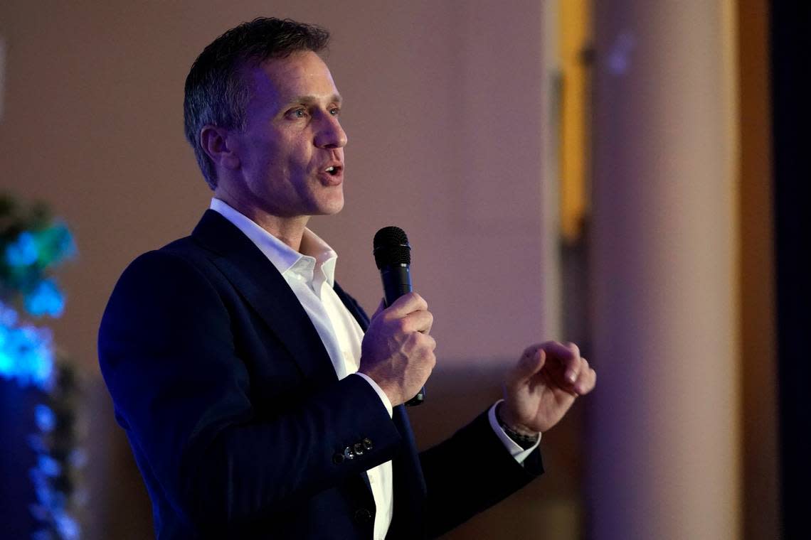 Former Missouri Gov. Eric Greitens delivers a concession speech in his bid for the Republican nomination for U.S. Senate during a watch party at the close of Missouri’s primary election, Tuesday, Aug. 2, 2022, in Chesterfield, Mo. (AP Photo/Jeff Roberson)