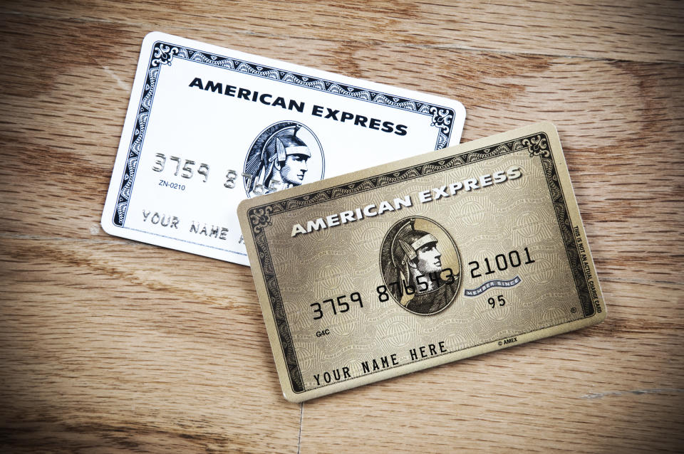 New York, New York, USA - July 22, 2011: A horizontal studio shot of two American Express credit cards samples ready to apply for.