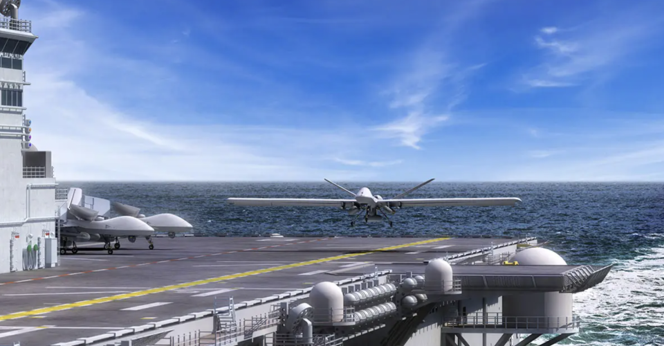 A rendering of a STOL variant of the MQ-9B coming in for a landing on an amphibious assault ship. The STOL MQ-9B concept has since been further developed as the Mojave. <em>GA-ASI</em>