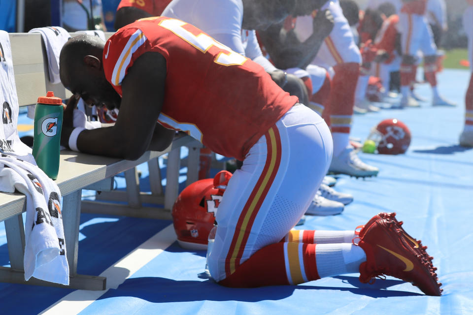 Justin Houston #50 of the Kansas City Chiefs is seen taking a knee during the National Anthem before the game against the Los Angeles Chargers at the StubHub Center on September 24, 2017 in Carson, California. (Photo by Sean M. Haffey/Getty Images)