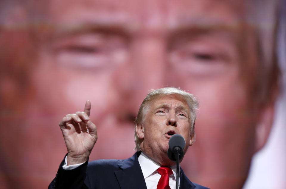 FILE - In this July 21, 2016, file photo Republican Presidential Candidate Donald Trump, speaks during the final day of the Republican National Convention in Cleveland. Four years ago, Donald Trump accepted the Republican Party’s nomination for president with a dark convention speech that painted a dystopic portrait of an America in decline. And he offered a singular solution. His message was “I alone can fix it.” (AP Photo/Carolyn Kaster, File)