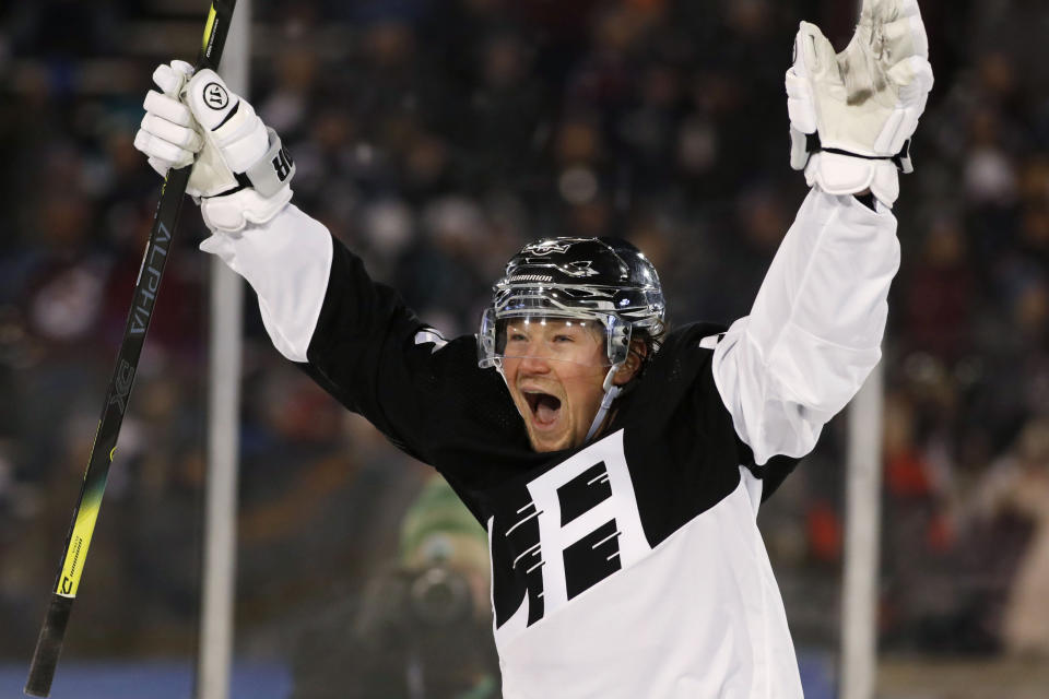 Los Angeles Kings right wing Tyler Toffoli celebrates after scoring the go-ahead goal against the Colorado Avalanche during the third period of an NHL hockey game Saturday, Feb. 15, 2020, at Air Force Academy, Colo. The Kings won 3-1. (AP Photo/David Zalubowski)