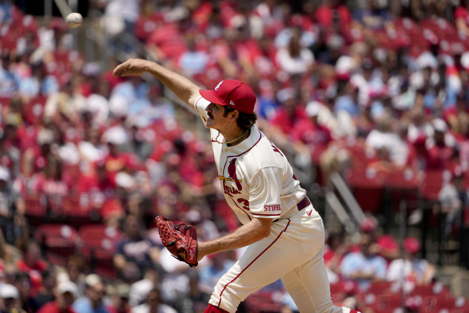 St. Louis Cardinals starting pitcher Miles Mikolas throws during the second inning of a baseball game against the Cincinnati Reds Saturday, June 10, 2023, in St. Louis. (AP Photo/Jeff Roberson)