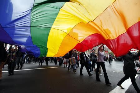 Gay rights activists hold a rainbow flag during a rally to support same-sex marriage in central Sydney August 11, 2012. REUTERS/Daniel Munoz