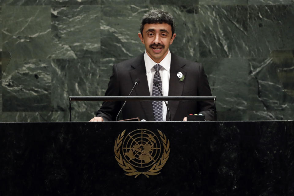 Sheikh Abdullah bin Zayed Al Nahyan, Foreign Minister of the United Arab Emirates, addresses the 74th session of U.N. General Assembly, Saturday, Sept. 28, 2019. (AP Photo/Richard Drew)
