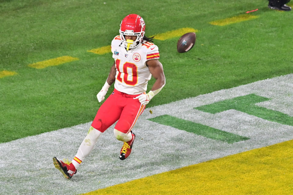 Feb 12, 2023; Glendale, Arizona, US; Kansas City Chiefs running back Isiah Pacheco (10) celebrates after running the ball for a touchdown against the Philadelphia Eagles during the third quarter of Super Bowl LVII at State Farm Stadium. Mandatory Credit: Matt Kartozian-USA TODAY Sports
