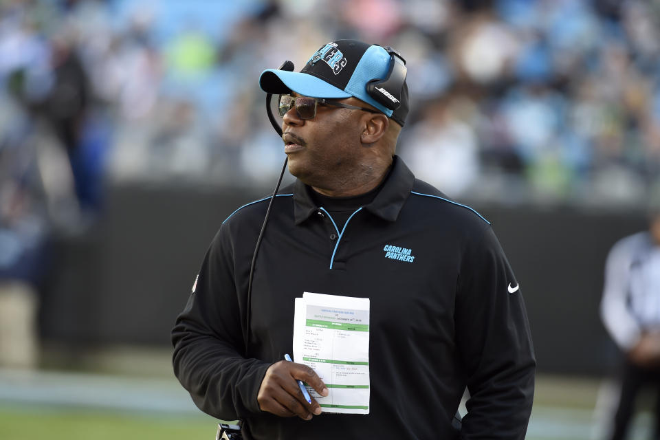 Carolina Panthers interim head coach Perry Fewell looks on from the sidelines during the second half of an NFL football game against the Seattle Seahawks in Charlotte, N.C., Sunday, Dec. 15, 2019. (AP Photo/Mike McCarn)