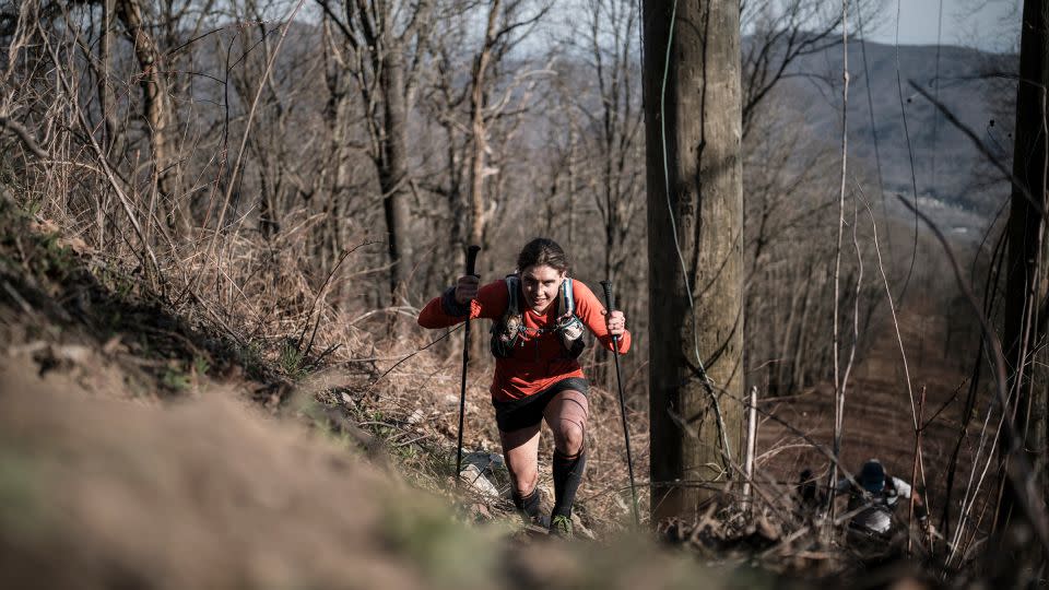 Paris tackles a climb during the Barkley Marathons. - Jacob Zocherman