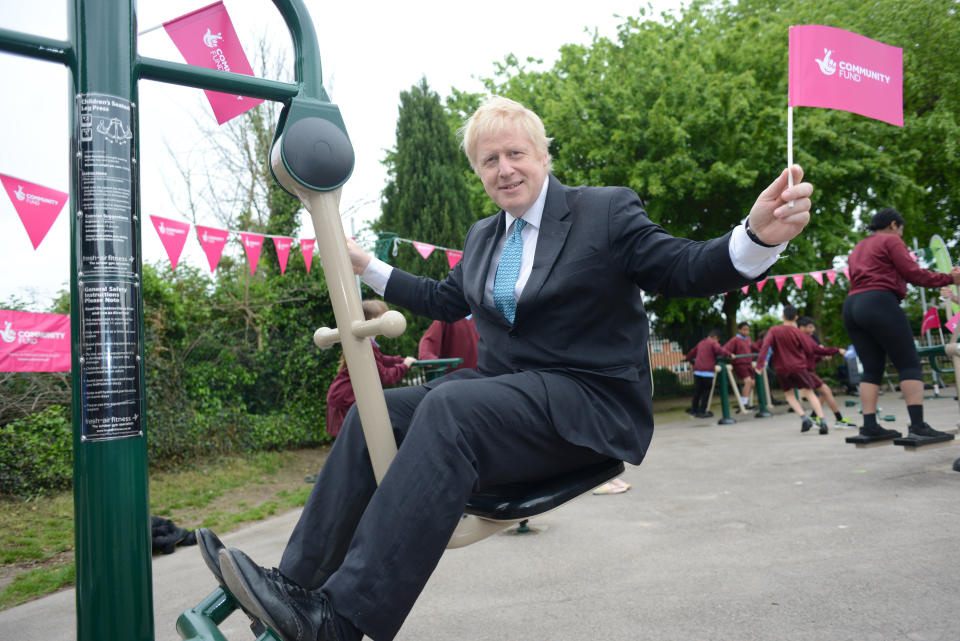 Boris Johnson pictured in May at the opening of a new playground gym at Cowley Saint Laurence Primary School in Uxbridge (Gareth Harmer/National Lottery Community Fund/PA)