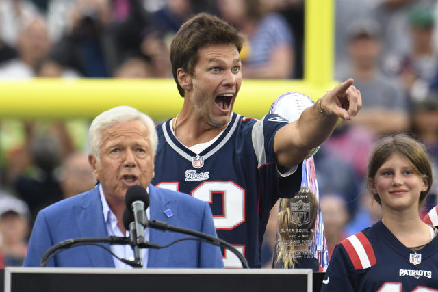 New England Patriots quarterback Tom Brady celebrates after Super