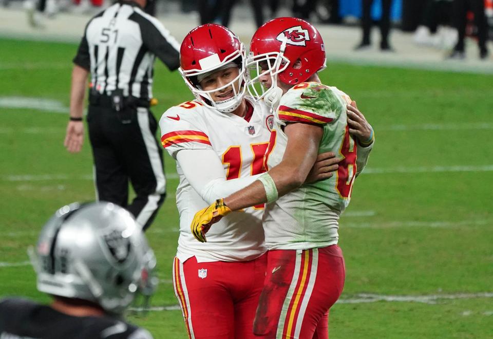 Chiefs QB Patrick Mahomes (15) and TE Travis Kelce have been teammates for six seasons.