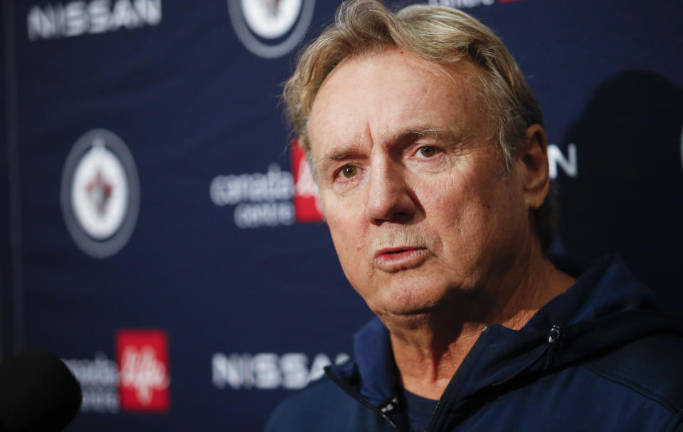 Winnipeg Jets new head coach Rick Bowness speaks to the media during during NHL training camp in Winnipeg, Manitoba, Thursday, Sept. 22, 2022. (John Woods/The Canadian Press via AP)