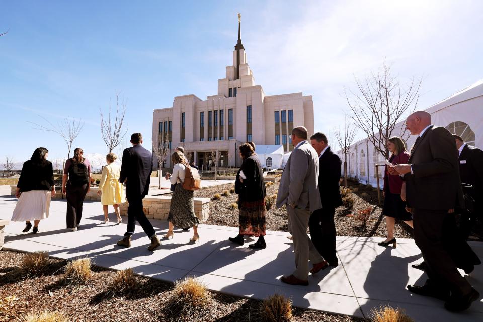 Utah journalists tour the new Saratoga Springs Utah Temple of The Church of Jesus Christ of Latter-day Saints in April 2023.
