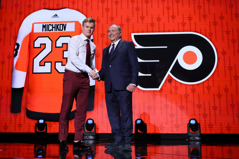 NASHVILLE, TENNESSEE - JUNE 28: Matvei Michkov is selected by the Philadelphia Flyers with seventh overall pick during round one of the 2023 Upper Deck NHL Draft at Bridgestone Arena on June 28, 2023 in Nashville, Tennessee. (Photo by Bruce Bennett/Getty Images)