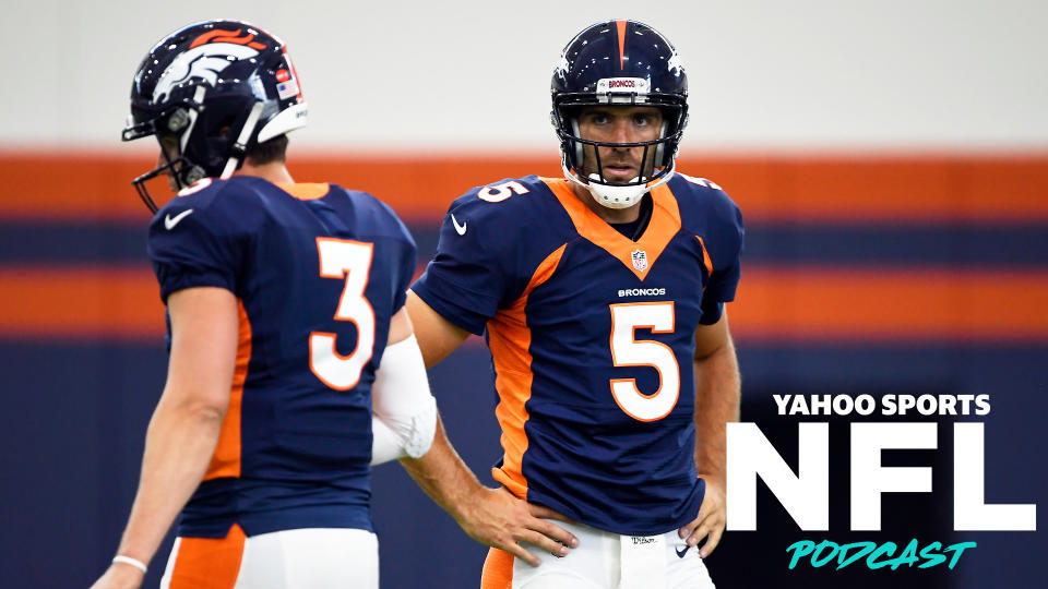 The QB battle between Drew Lock and Joe Flacco is among the many training camp topics covered by Terez Paylor and Charles Robinson on the latest Yahoo Sports NFL Podcast. (Photo by Joe Amon/MediaNews Group/The Denver Post via Getty Images)