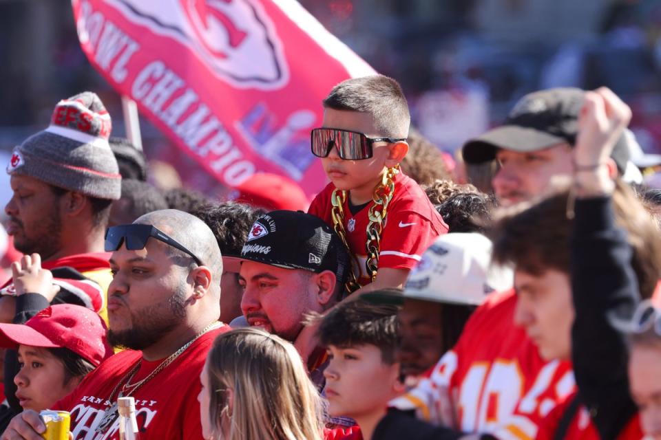 Chiefs fans look on at Union Station during the victory parade.<span class="copyright">Jamie Squire—Getty Images</span>