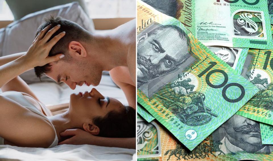 Compilation image of couple with close faces on a bed and pile of $100 notes