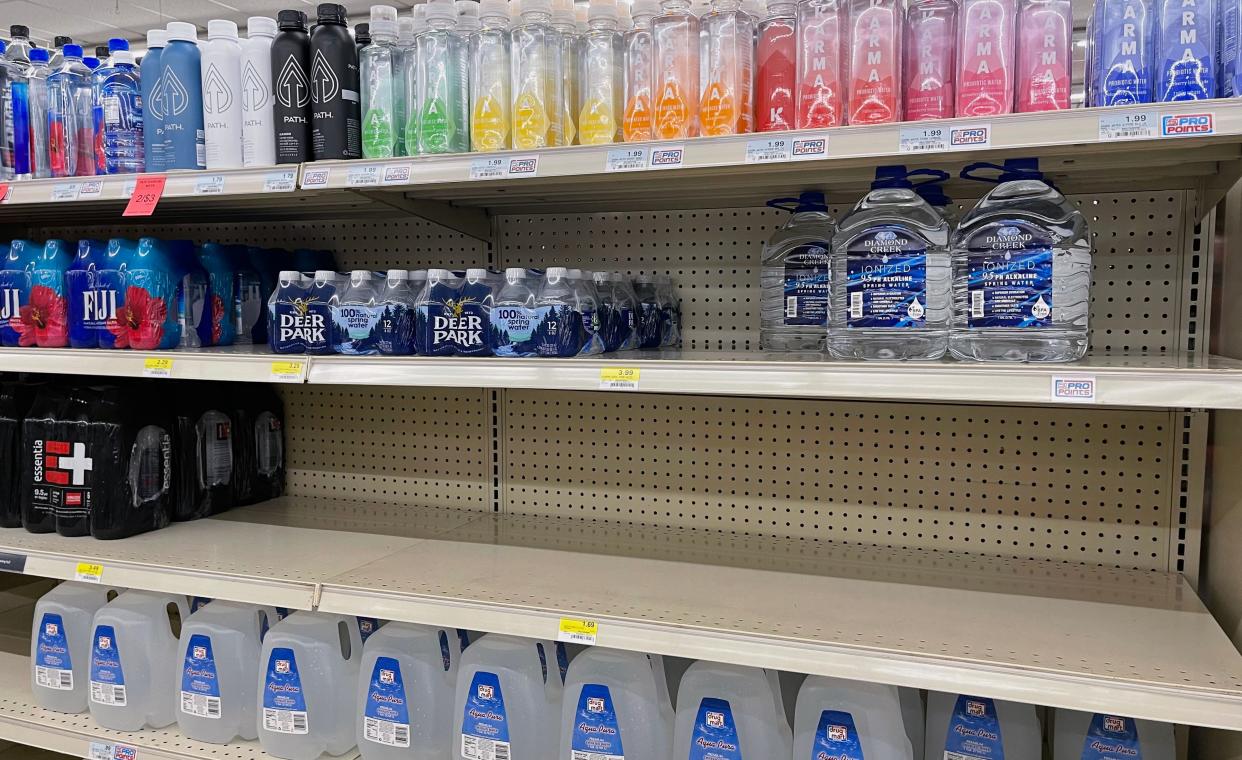 A shelf in the Discount Drug Mart in Wooster has barely any containers of water as of Thursday afternoon. Some stores are in short supply of water as people are still faced with power outages and no running water.