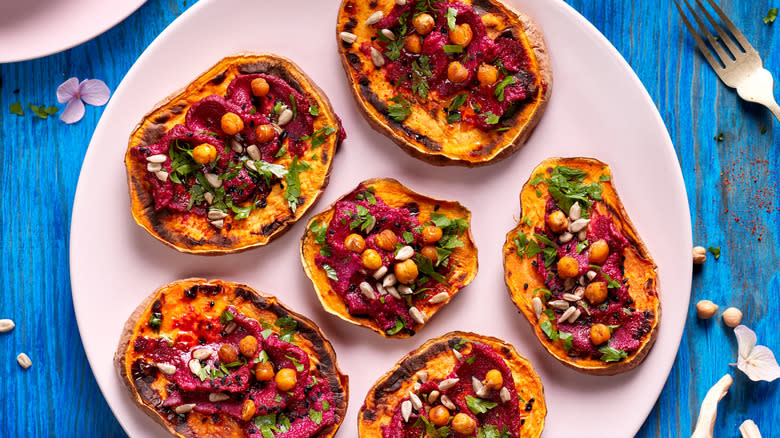 Beet hummus on sweet potatoes