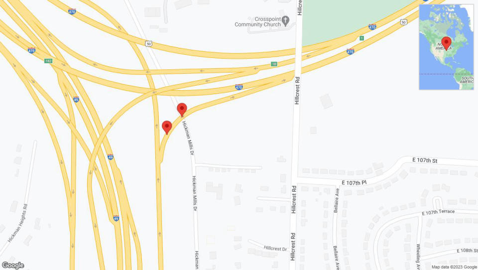 A detailed map that shows the affected road due to 'Warning in Kansas City: Crash reported on Hickman Mills Drive' on September 23rd at 9:55 p.m.