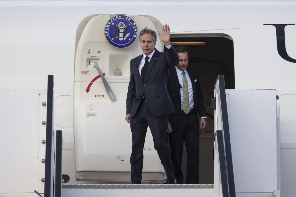 U.S. Secretary of State Antony Blinken disembarks from his plane upon arrival at Israel's Ben Gurion Airport near Tel Aviv, Monday, Jan. 30, 2023. (Ronaldo Schemidt/Pool via AP)