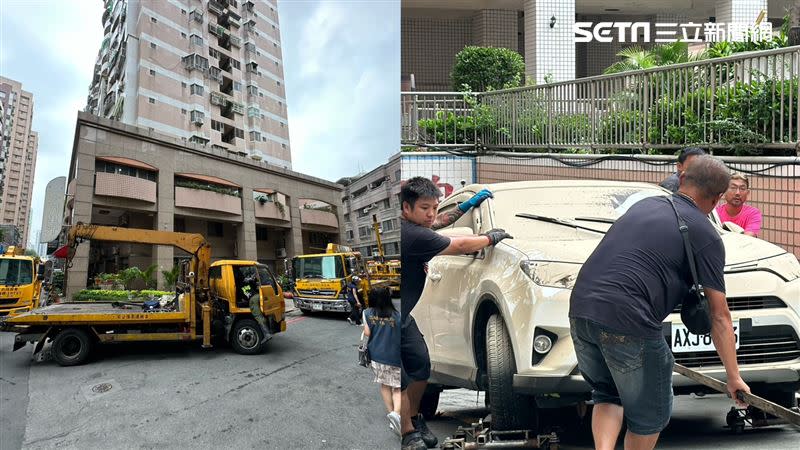 7月29日災後重建第一天在地拖吊車業者霸佔車道排班，宛如「貪食蛇」一輛接一輛。（圖／記者簡榮良攝影）