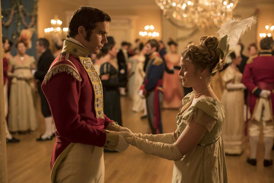 CORRECTS TITLE TO BELGRAVIA - This image released by Epix shows Jeremy Neumark Jones as Lord Edmund Bellasis, left, and Emily Reid as Sophia Trenchard in a scene from Julian Fellowes' latest series "Belgravia." (Colin Hutton/Carnival Films/Epix via AP)