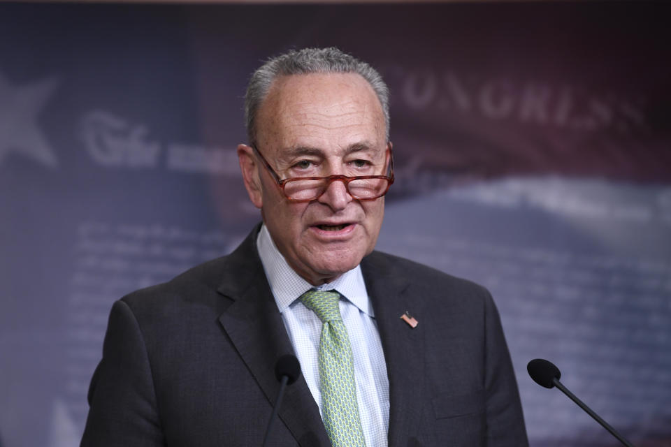 Senate Minority Leader Sen. Chuck Schumer of N.Y., speaks during a news conference on Capitol Hill in Washington, Tuesday, March 17, 2020. (Susan Walsh/AP)