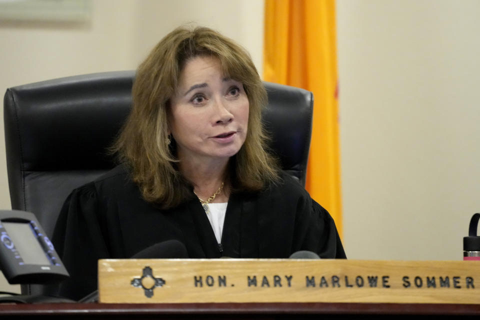 Judge Mary Marlowe Sommer speaks during actor Alec Baldwin's hearing in Santa Fe County District Court, Wednesday, July 10, 2024, in Santa Fe, N.M. Baldwin is facing a single charge of involuntary manslaughter in the death of a cinematographer. (AP Photo/Ross D. Franklin, Pool)