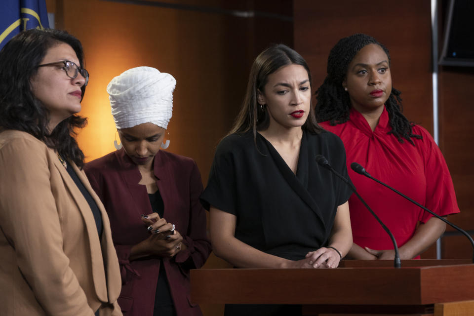 From left, Rep. Rashida Tlaib, D-Mich., Rep. Ilhan Omar, D-Minn., Rep. Alexandria Ocasio-Cortez, D-N.Y., and Rep. Ayanna Pressley, D-Mass., respond to remarks by President Donald Trump after his call for the four Democratic congresswomen to go back to their "broken" countries, during a news conference at the Capitol in Washington, Monday, July 15, 2019. All are American citizens and three of the four were born in the U.S. (AP Photo/J. Scott Applewhite)